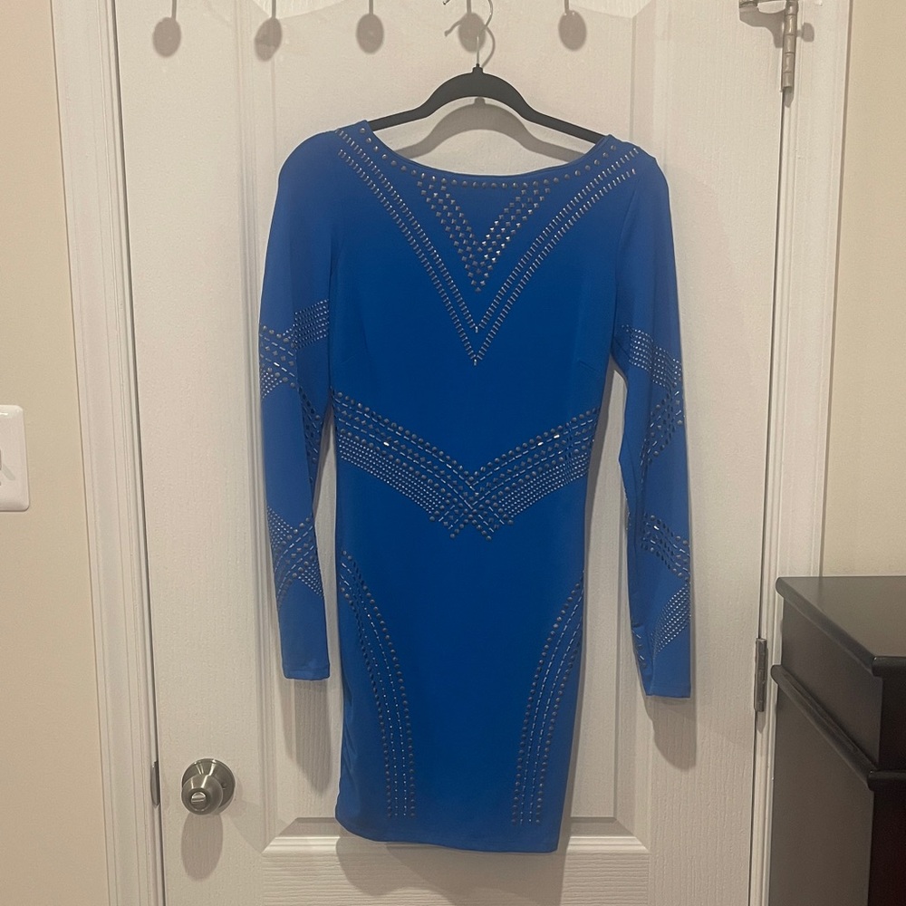 bebe Royal Blue Long Sleeve Dress with Silver Accents